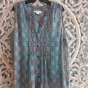 Liz Claiborne Turquoise Floral Sleeveless Shell Work Blouse Crepe Pleated Top 1X